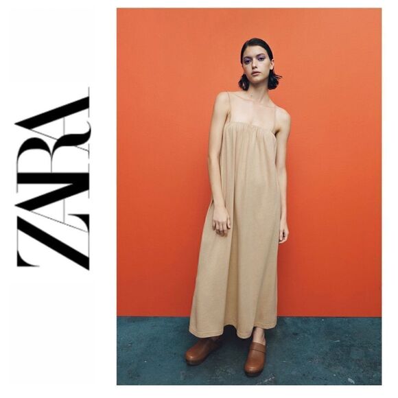 NWOT Zara Linen Blend Square Neck Thin Spaghetti Straps Long Dress, Size Medium - Picture 1 of 11